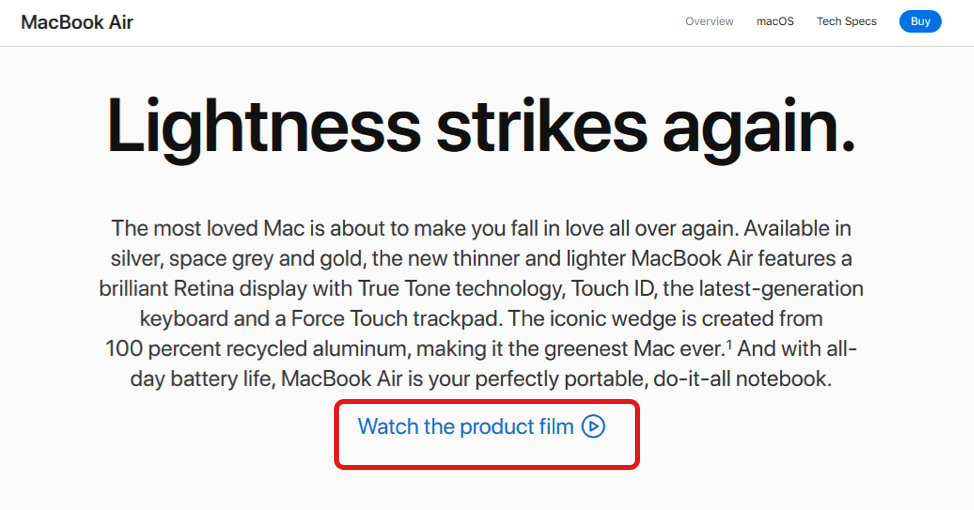Screenshot of MacBook Air product page