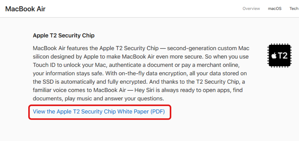 Screenshot of a a laptop security chip descriptin with link to the white paper highlighted