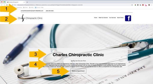 Chiropractic Webpage Example with 5 arrows pointing to places where the webpage can be improved
