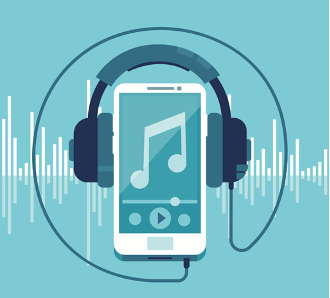 A vector graphic of a music player with headphones