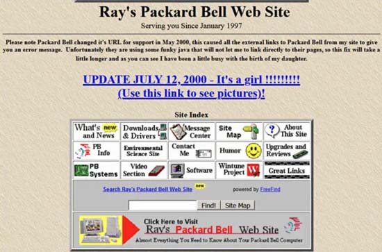 Screenshot of Ray Packard Bell homepage in the year 2000