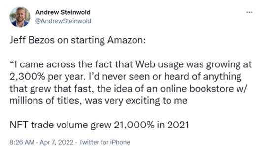 A tweet by Andrew Steinwold describing the growth of NFT trade volume in comparison to internet growth in the 90s