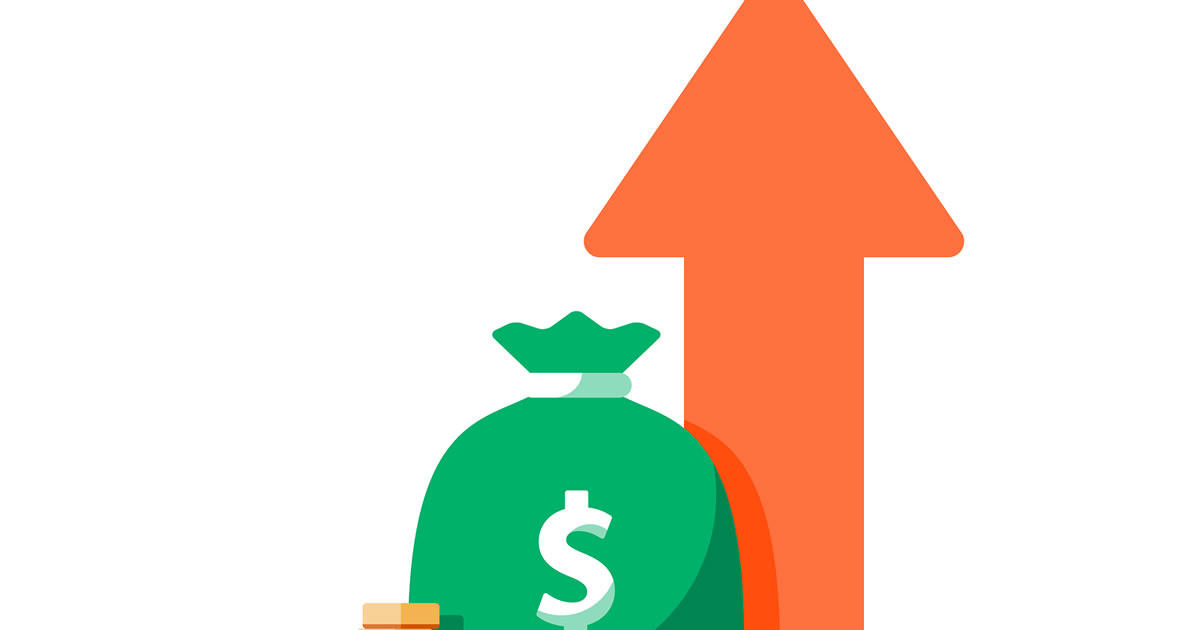 Gráfico de uma seta laranja apontando para cima ao lado de um saco verde rotulado com um cifrão