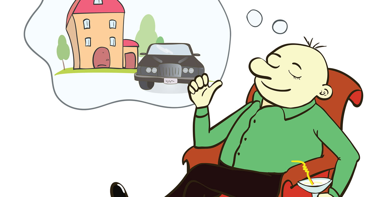 Ilustração de um homem em uma poltrona sonhando acordado com uma casa e um carro