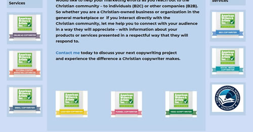 Screen shot of badge icons displayed on copywriter Jeff Friend's website