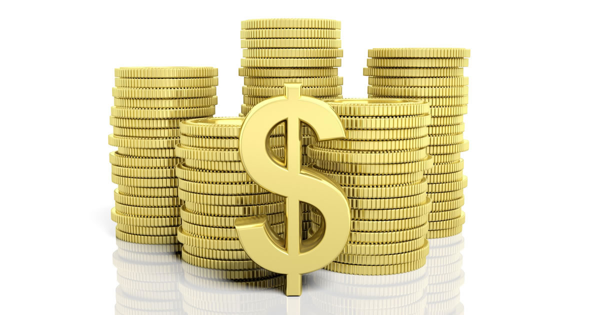 Financial wealth: Stacks of golden coins and a Dollar symbol on white background