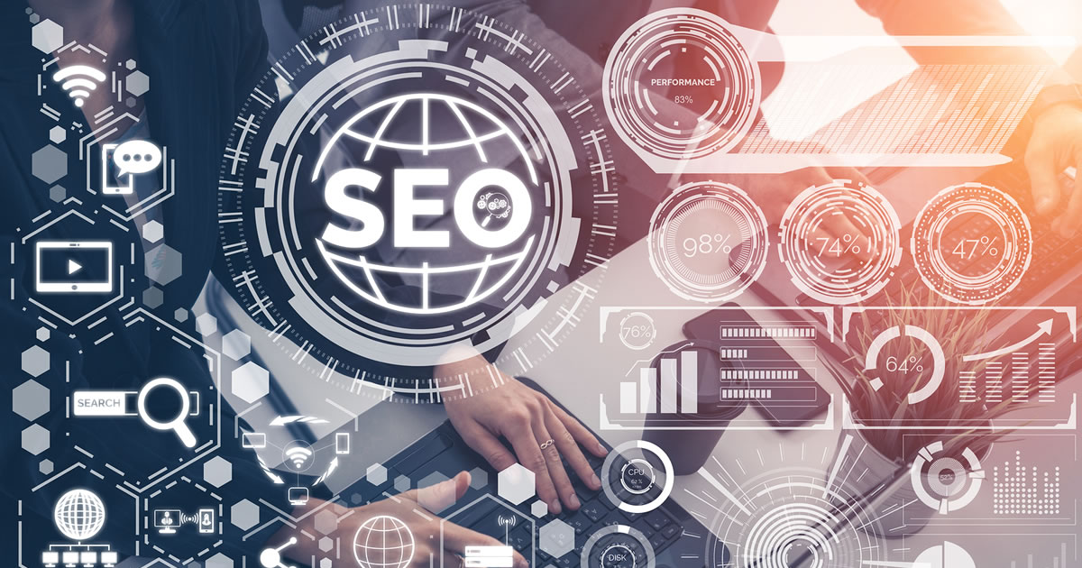 SEO — Search Engine Optimization for Online Marketing Concept. Modern graphic interface showing symbols of keyword research, marketing icons, market analysis percentages, and more.