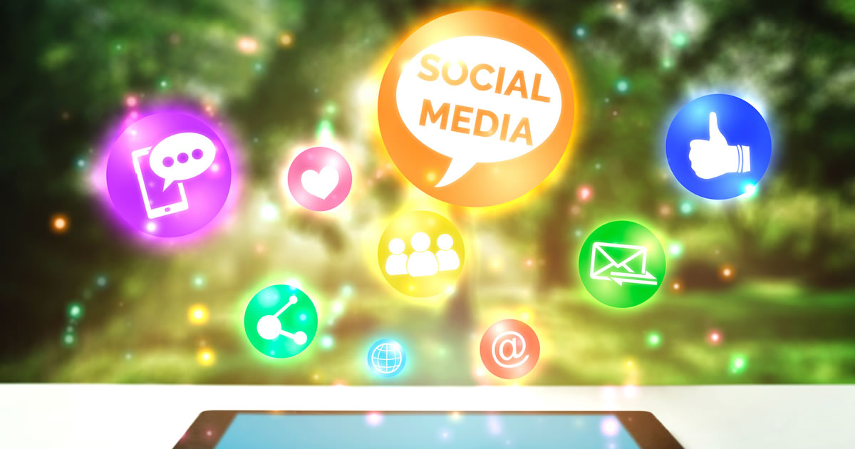 Social media network concept. Tech device showing online social media connection icons