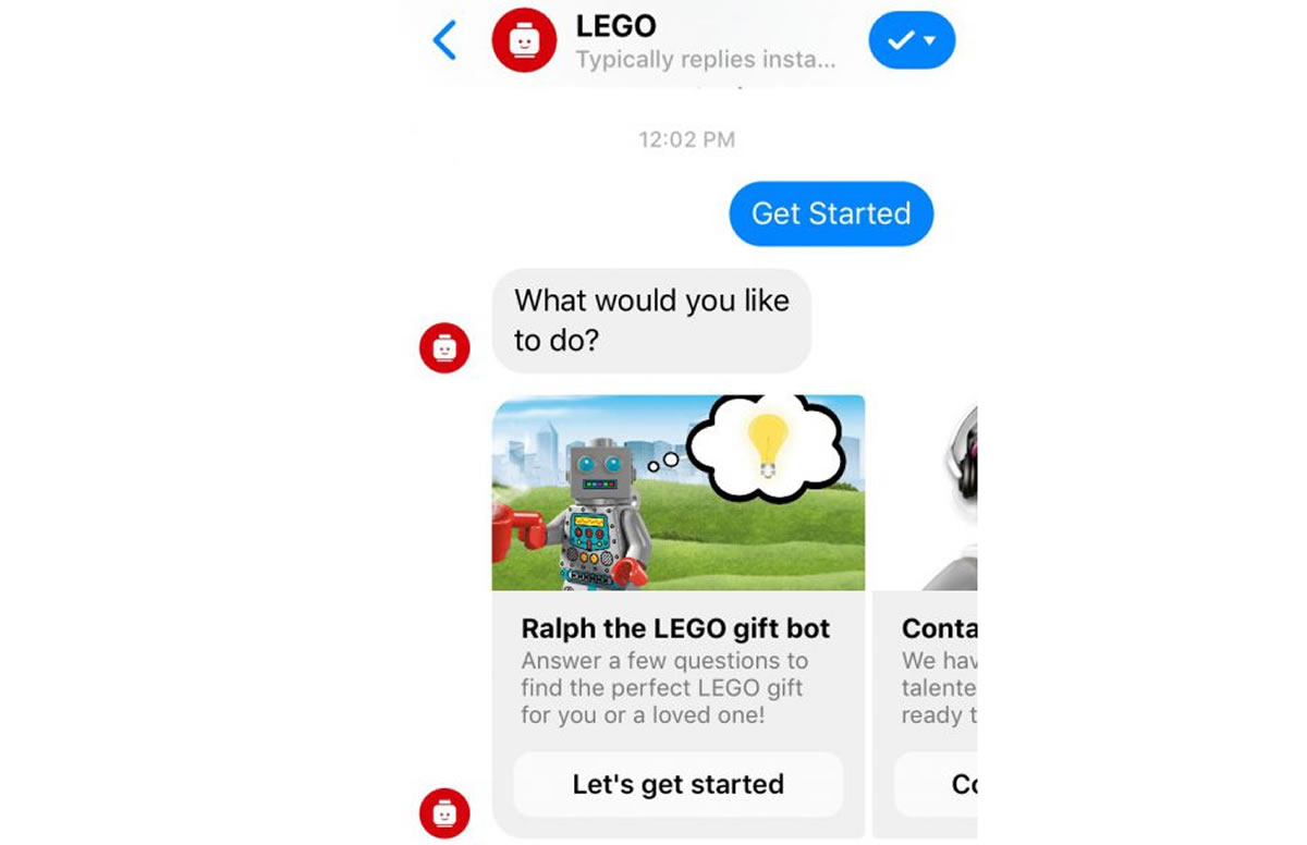 Chatbot example on smartphone: Ralph the LEGO Gift Finder Bot