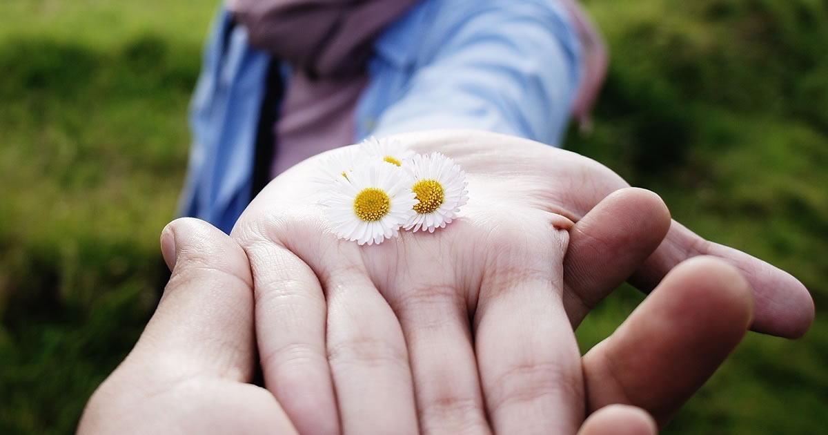 Closeup of hand reaching out with flowers