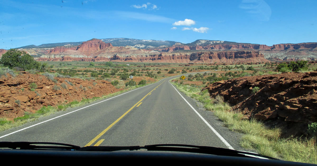 Mountain view from out on the open road in an RV