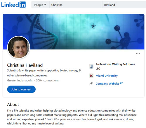 Screen shot of Christina Haviland’s LinkedIn profile