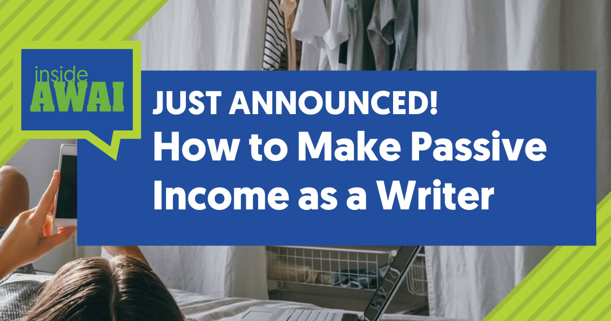 Pessoa na cama usando o celular ao lado do laptop e texto sobre a imagem que diz Just Announced How to Make Passive Income as a Writer (Acabei de anunciar como obter renda passiva como escritor)