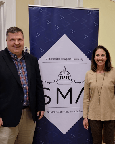 Writer Charles George and Dr. Lisa Spiller spoke with the Christopher Newport University Student Marketing Association