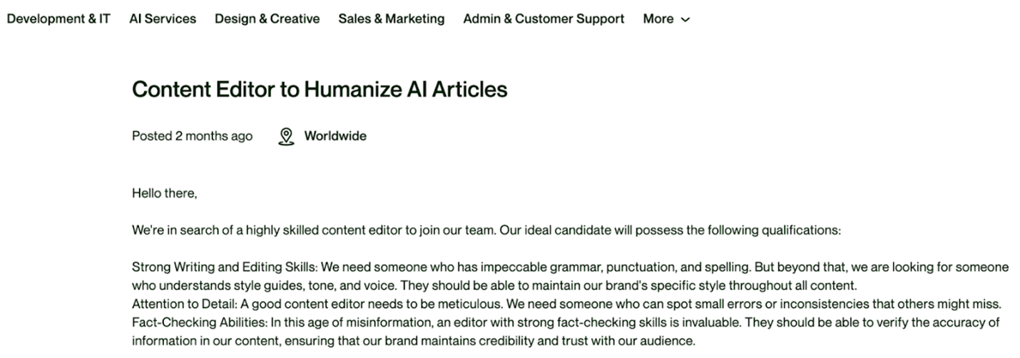 Example of job board posting for a human writer to humanize the content they got from AI