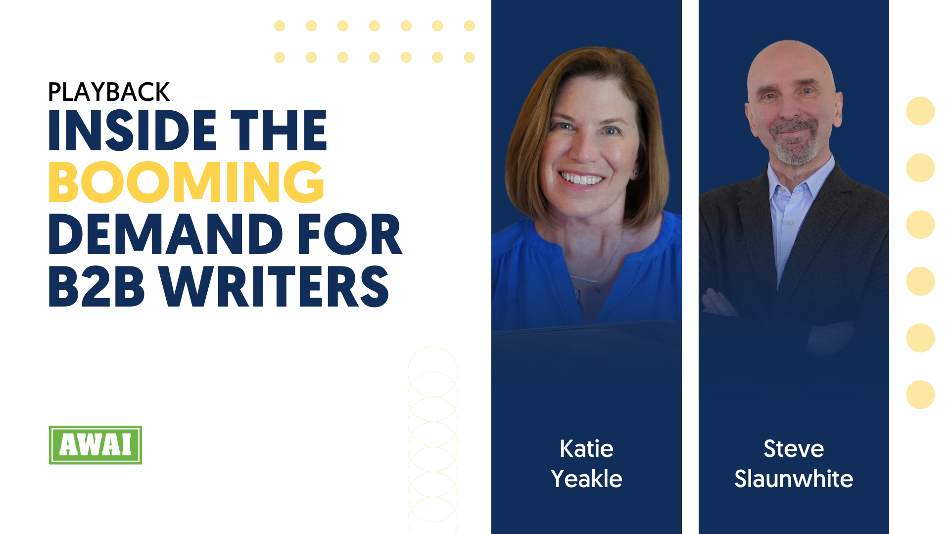 Free training event by AWAI titled “Inside the Booming Demand for B2B Writers.” Features photos of presenters Rebecca Matter and Steve Slaunwhite