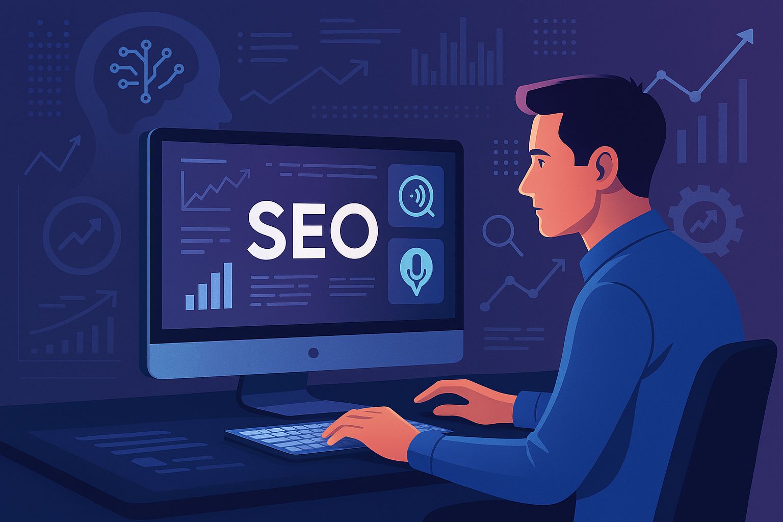 digital illustration of a man sitting at a desk behind a computer with SEO on the screen in large letters