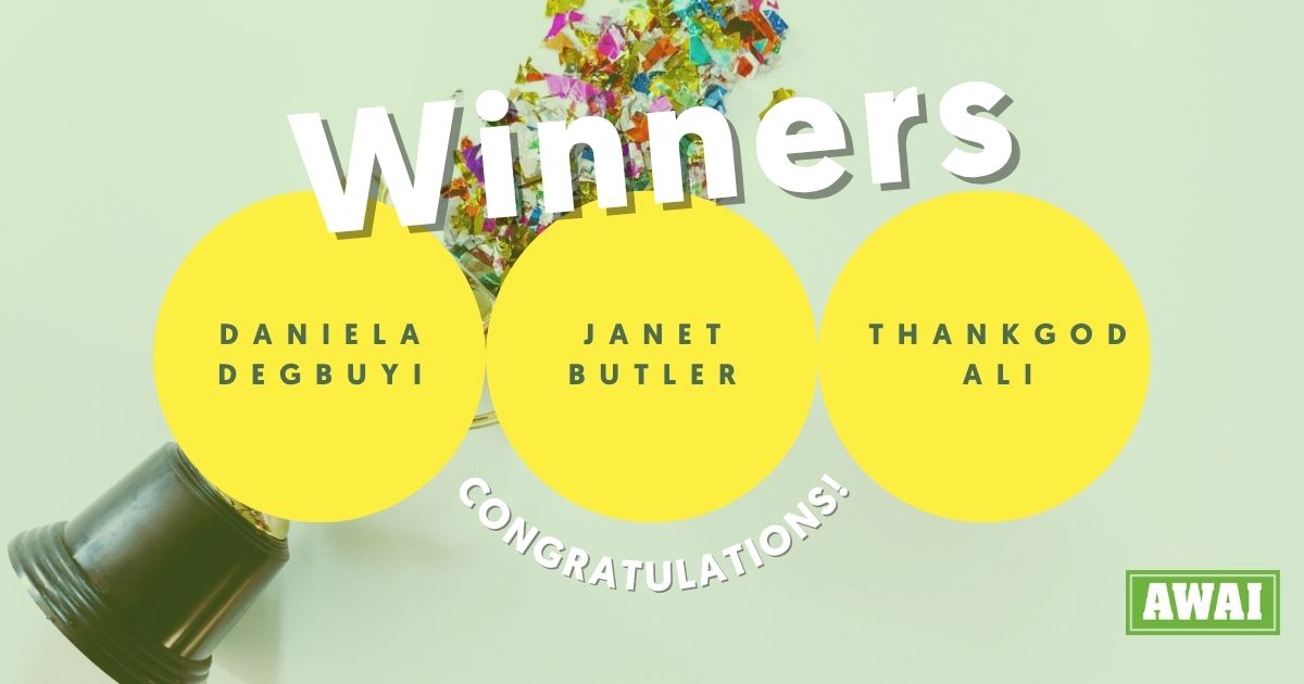 Banner announcing Daniela Degbuyi, Janet Butler, and Thankgod Ali as the winners of the September writing contest