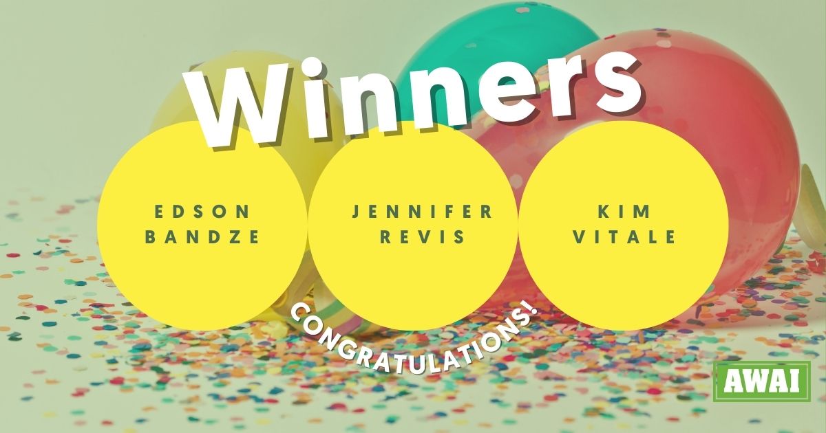 Banner announcing Edson Bandze, Jennifer Revis, and Kim Vitale as the winners of the November new writers contest