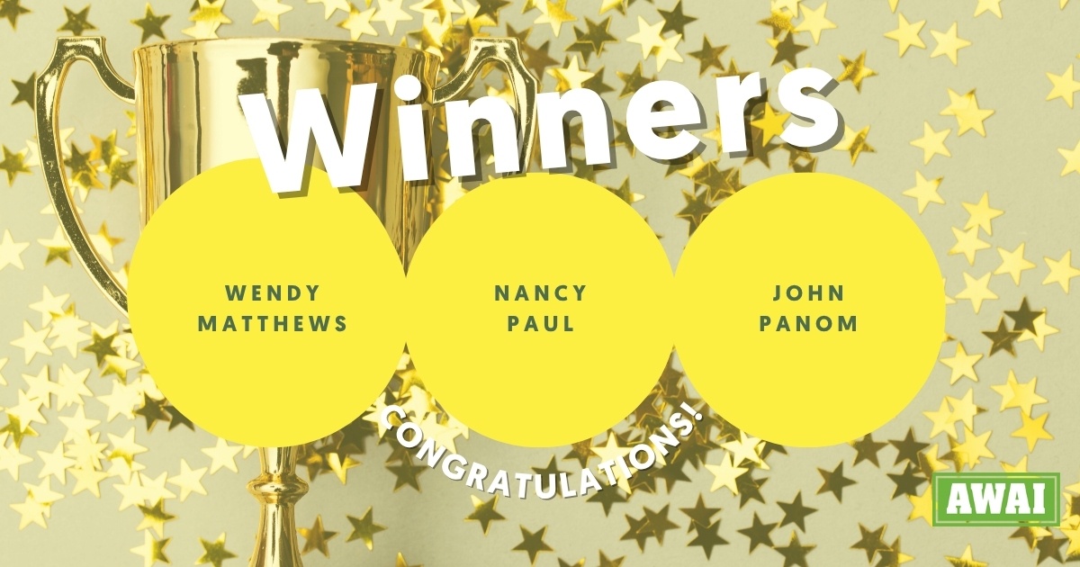 Banner announcing Wendy Matthews, Nancy Paul, and John Panom as the winners of the 'First Substack Post' contest
