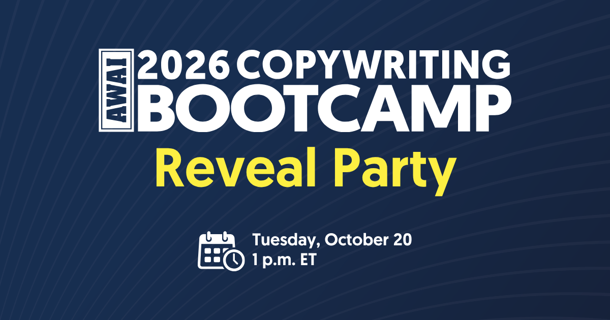 2026 AWAI Copywriting Bootcamp Reveal Party, taking place Tuesday, October 20 at 1 p.m. ET.