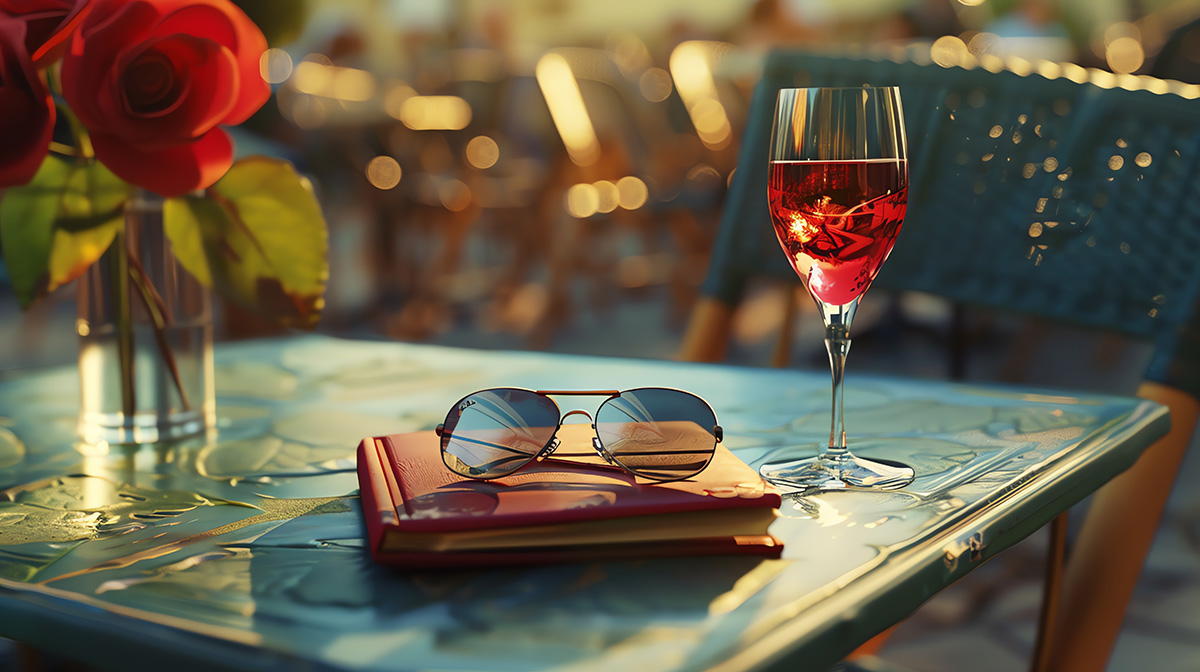 Image of a sunlit café table in France with a glass of red wine and a notebook