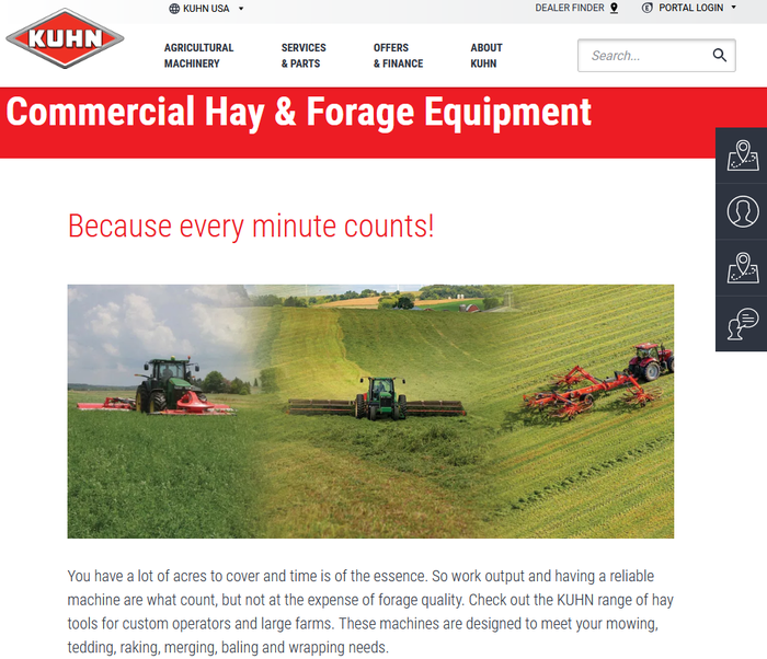 Screenshot of Kuhn’s commercial hay and forage equipment main page