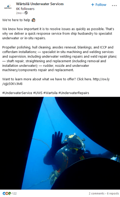 Screenshot of LinkedIn post from Wärtsilä Underwater Services