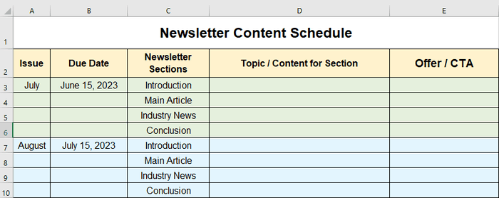 An example layout of a newsletter content schedule