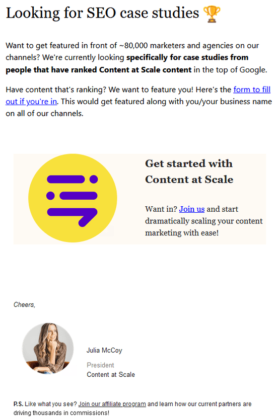 Screenshot of the call to action and signoff for Content at Scale’s e-newsletter