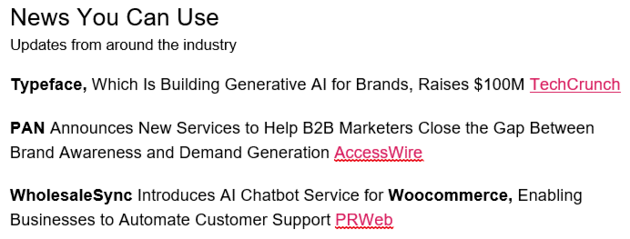 Section in MarketingProfs’ e-newsletter that shares current B2B marketing news