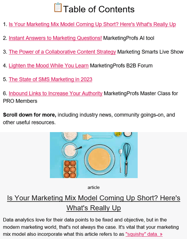 Table of contents from a MarketingProfs e-newsletter with links to their website
