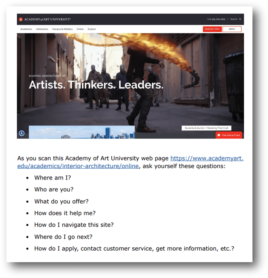 Site Content Audit Example. Academy of Art University web page homepage, plus list of site content audit questions: Where am I? Who are you? What do you offer? How does it help me?