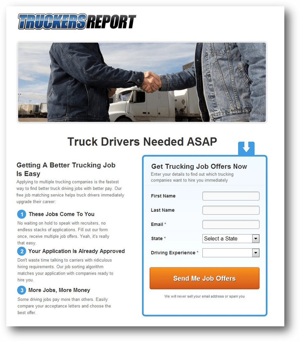Lead-Gen Landing Page Copy example. Headline: Truckers Report Lead: Truck Drivers Needed ASAP Lead-gen: Send Me Trucking Job Offers Now