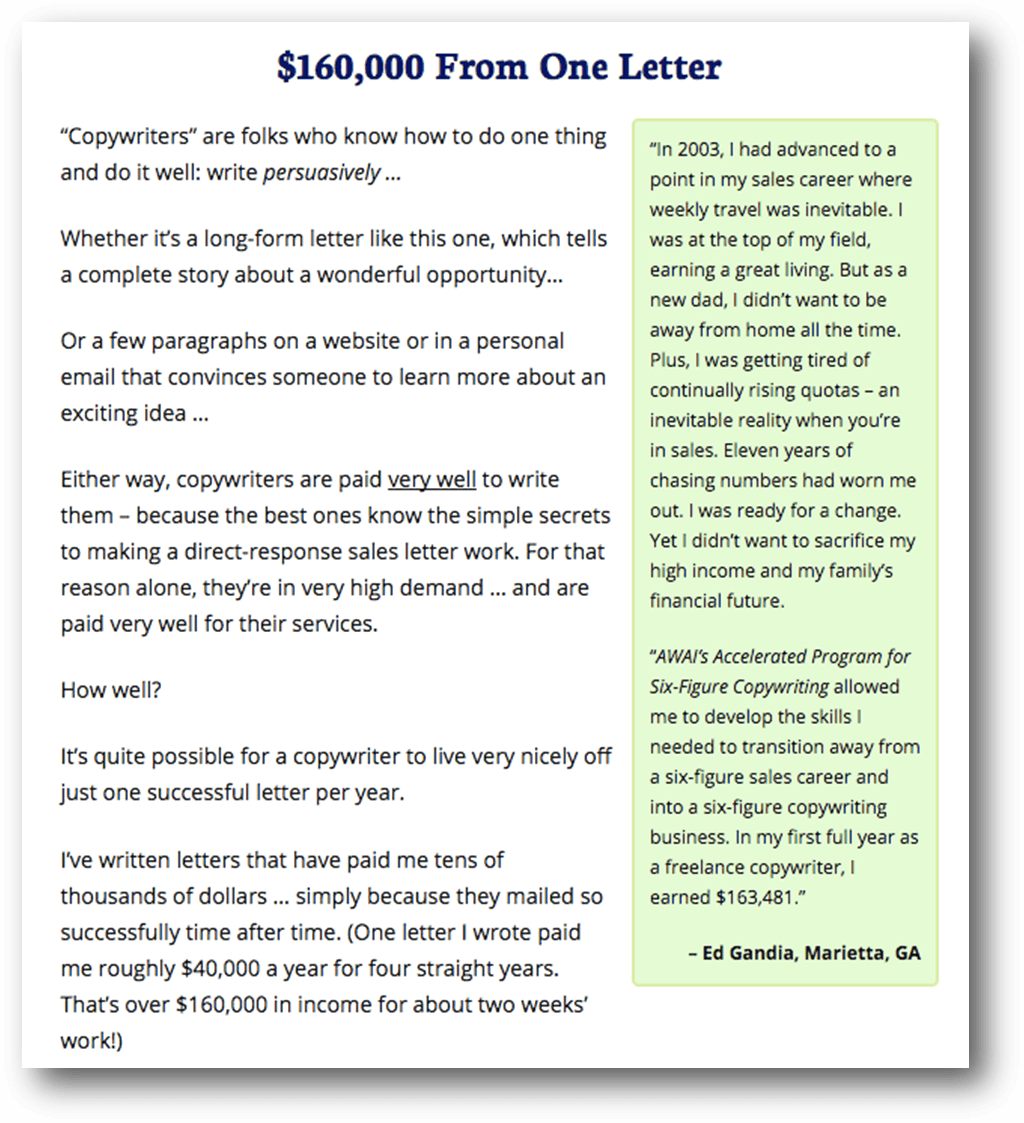 Testimonial example. '$160,000 From One Letter' copywriting program testimonial