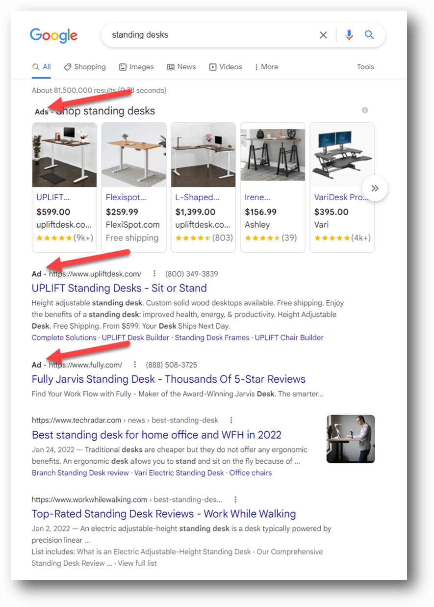 Pay-Per-Click Ad example. screenshot of Google search for standing desks with markup