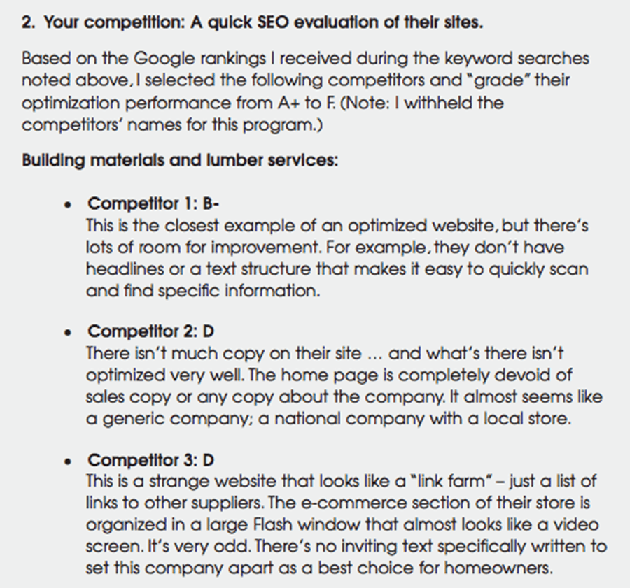 Competitive In-Depth Analysis example. listing of SEO evaluations for competitor websites