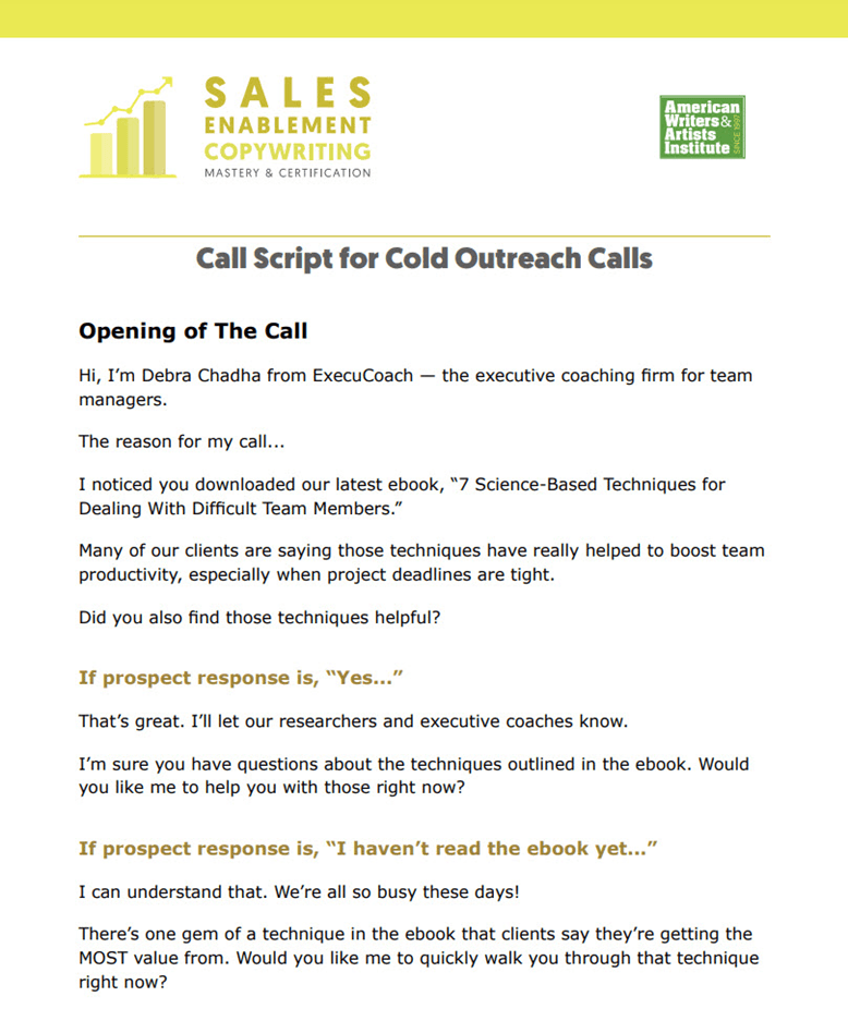 Call Script example. 'Call Script for Cold Outreach Calls'