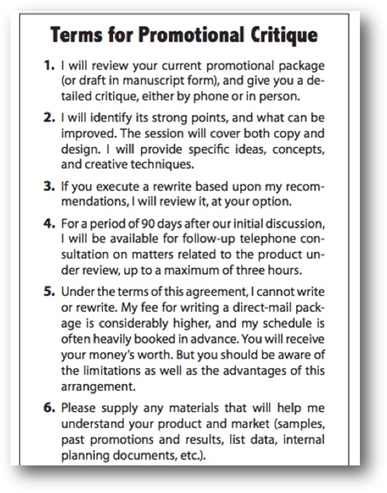 Copy Critique example terms. Numbered list of terms, including what copywriter is and is not responsible for in reviewing the copy, timeframes, and expectations