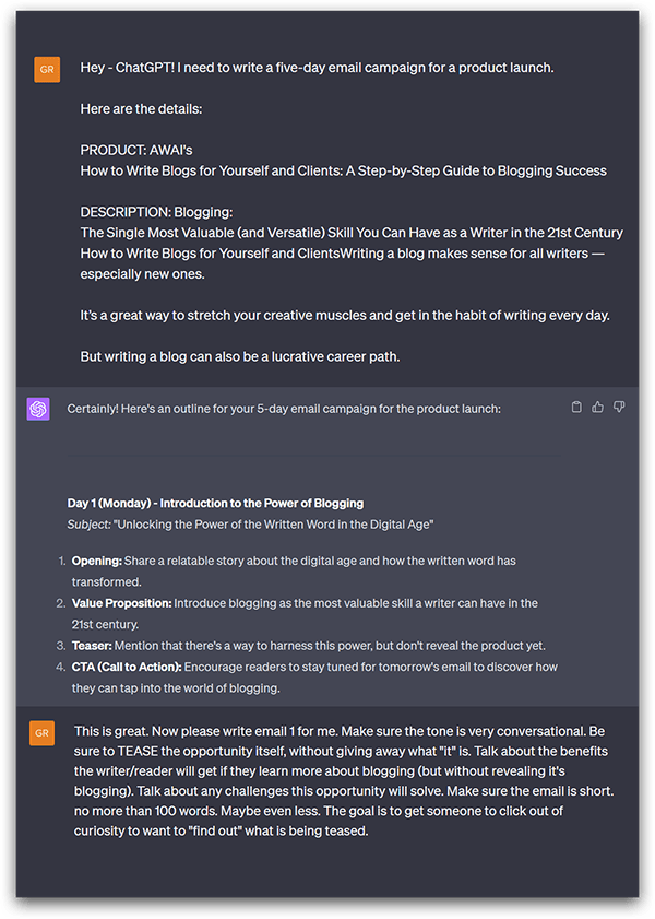 Screenshot of a ChatGPT conversation showing a copywriter requesting a five-day email campaign for an AWAI blogging product, followed by a structured campaign outline and a prompt asking ChatGPT to rewrite Day 1 as a short, curiosity-driven teaser email.