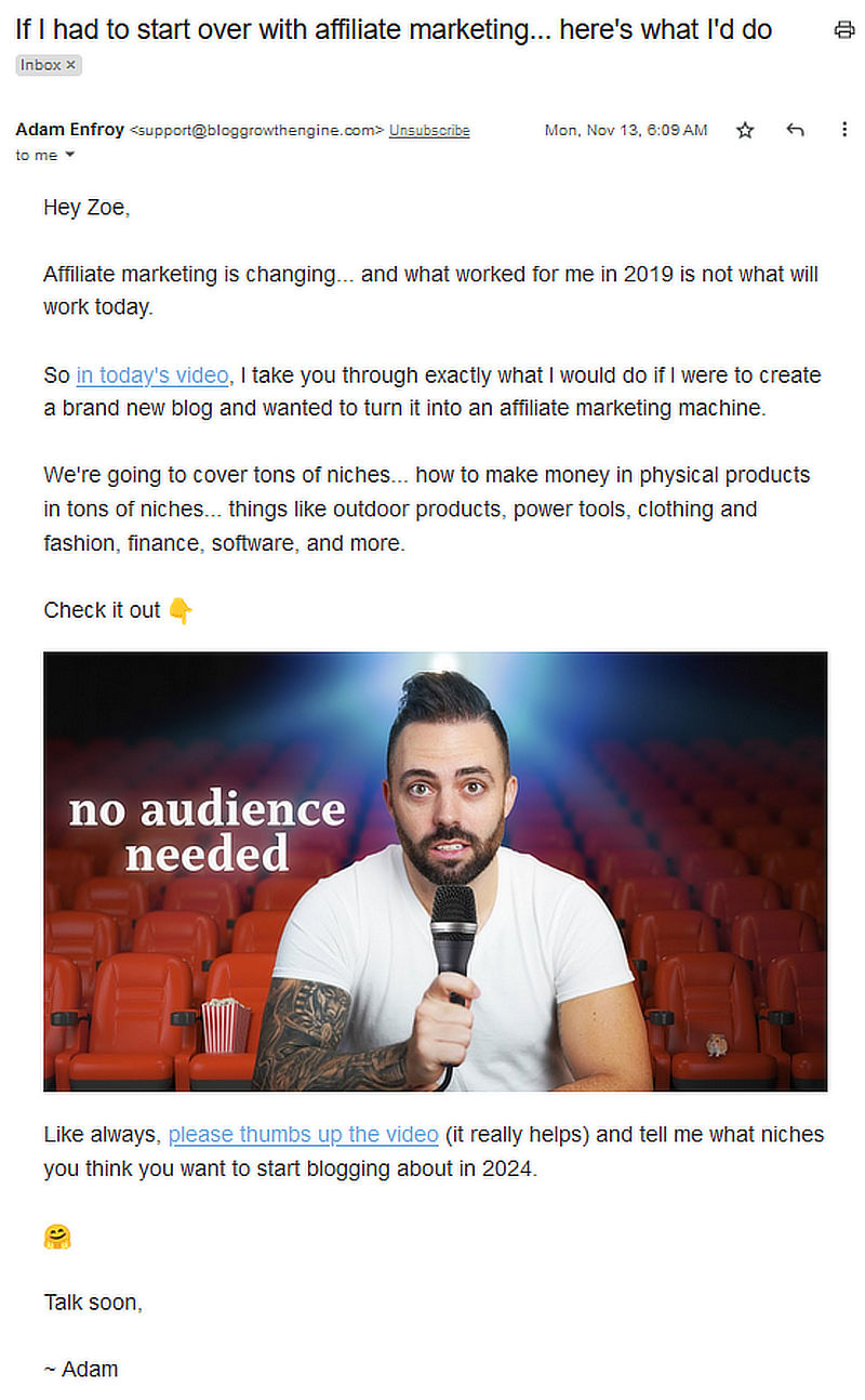Email example from Adam Enfroy at Blog Growth Engine