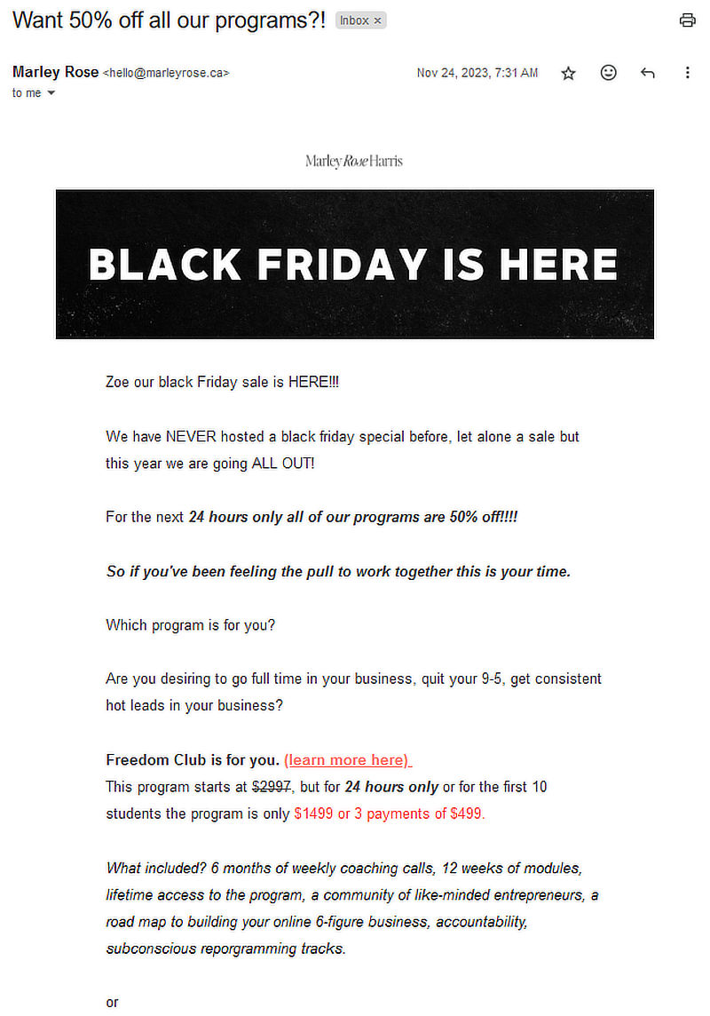 Email example from Marley Rose Harris’s direct sales email 
