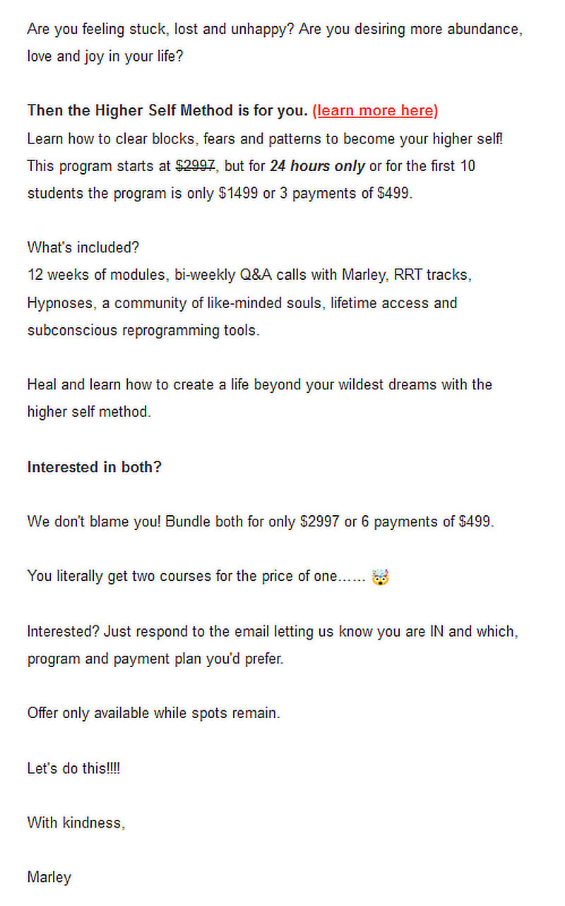 Email example from Marley Rose Harris’s direct sales email continued 