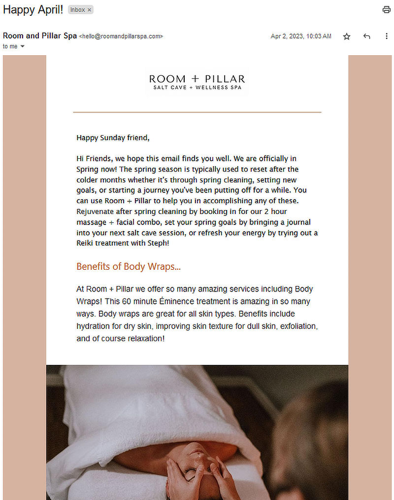 Email example from Room + Pillar Spa