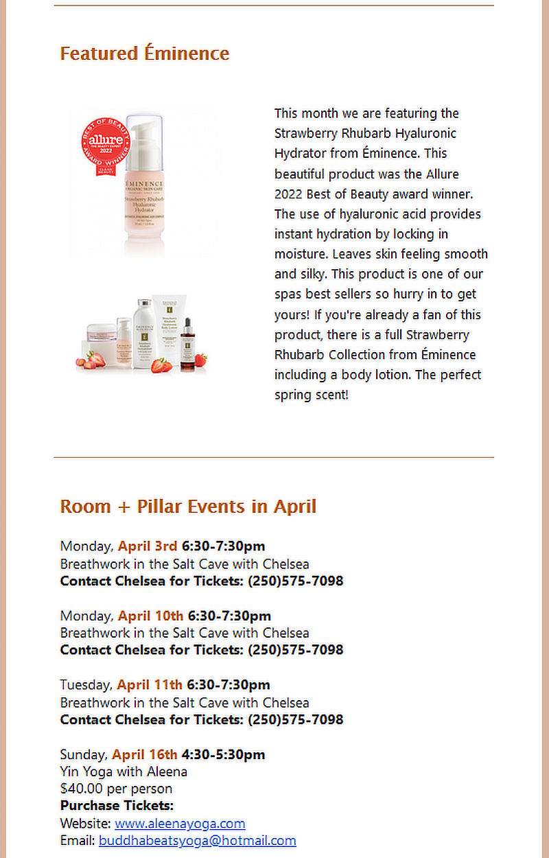 Email example from Room + Pillar Spa