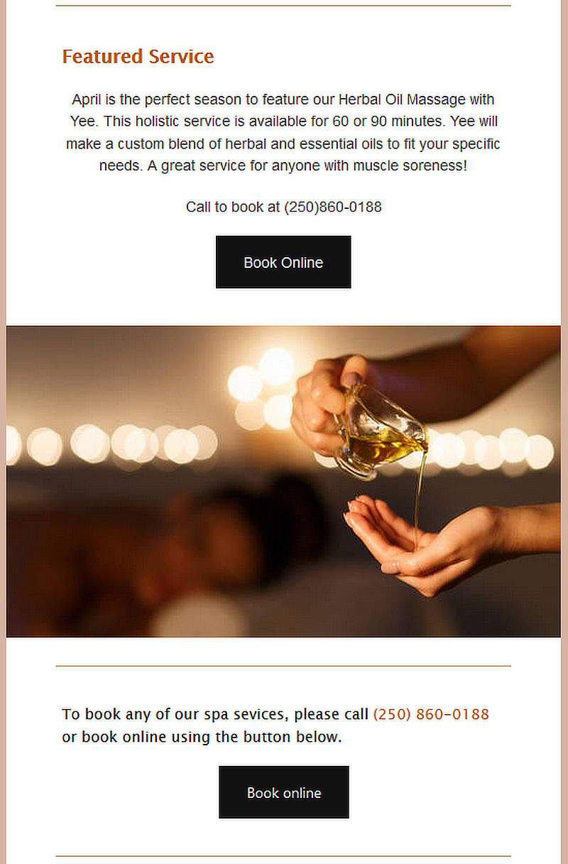 Email example from Room + Pillar Spa