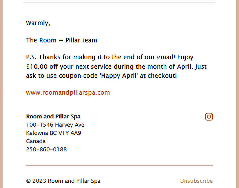 Email example from Room + Pillar Spa