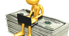 Gold icon of a person working on a laptop while sitting on top of a stack of hundred dollar bills