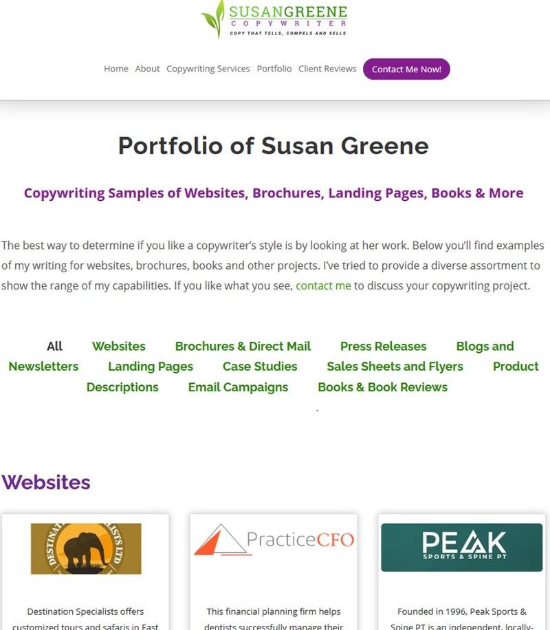 Screen shot of Susan Greene’s freelance website