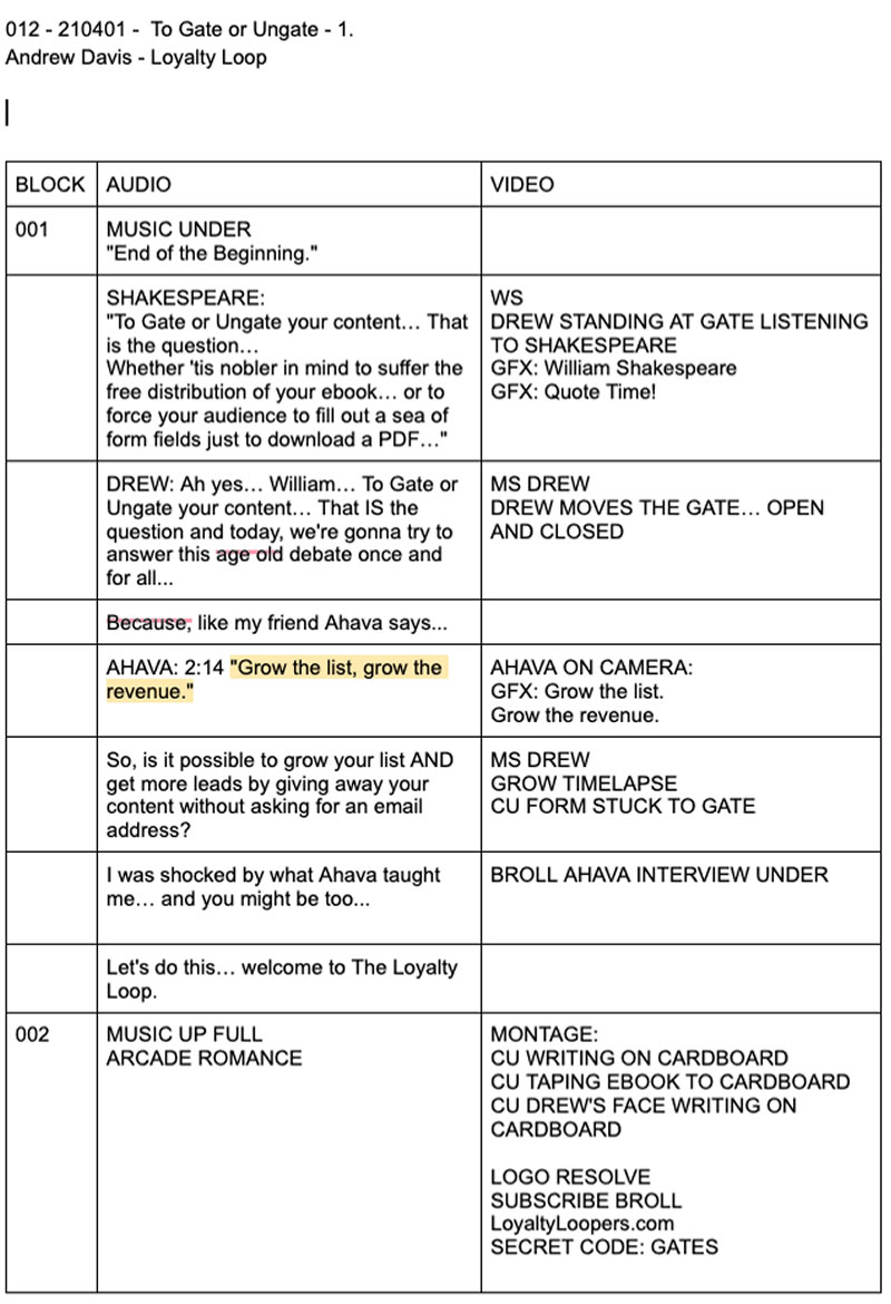 Image of a video script from Andrew Davis’s vlog